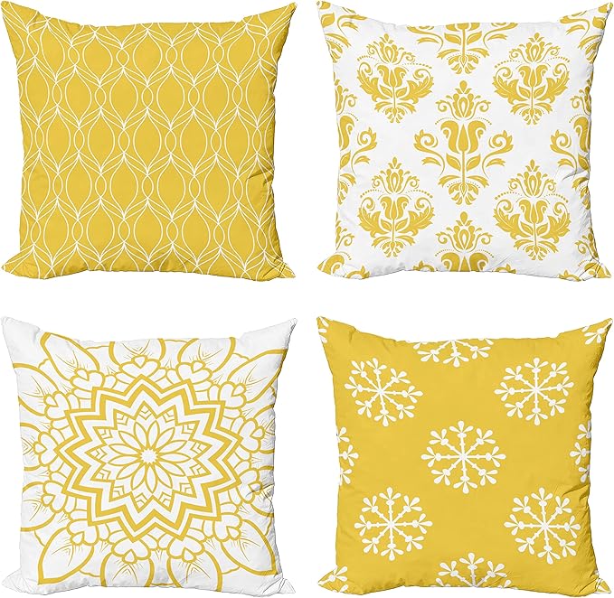 Ambesonne Retro Throw Pillow Cushion Case Pack of 4, Trellis Grid Medieval Floral Damask Mandala Flower Ornament in Modern Monochrome, Modern Accent Double-Sided Digital Printing, 20", Earth Yellow