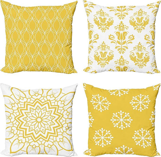 Ambesonne Retro Throw Pillow Cushion Case Pack of 4, Trellis Grid Medieval Floral Damask Mandala Flower Ornament in Modern Monochrome, Modern Accent Double-Sided Digital Printing, 20", Earth Yellow