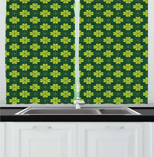 Lunarable Floral Kitchen Curtains, Repetitive Clovers on a Natural Background Botanical Greenery, Window Drapes 2 Panel Set for Kitchen Cafe Decor, 55" x 24", Apple Green Hunter Green