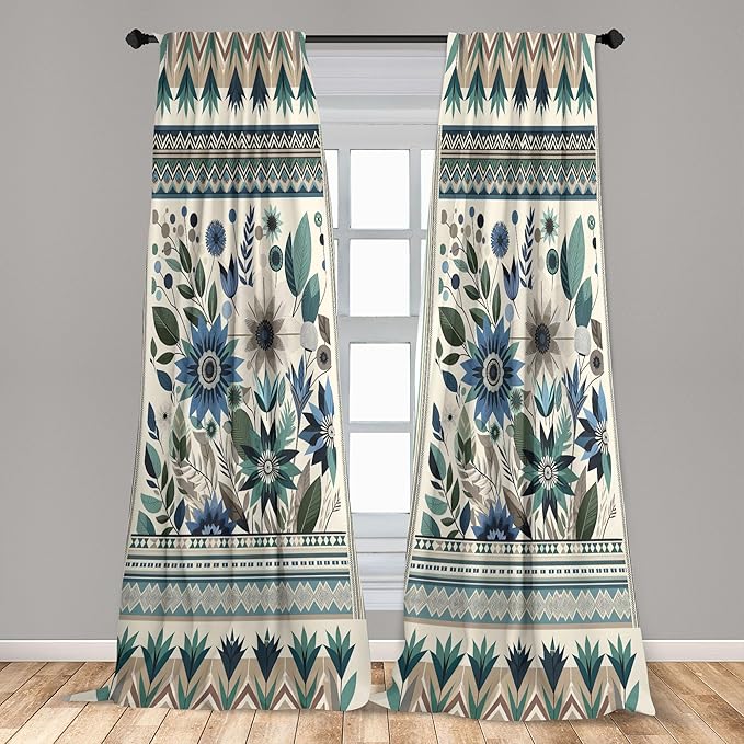 Ambesonne Art Floral Window Curtains Pack of 2, Gentle Flowers and Leaves of Spring Garden with Ethnic Boho Details, Lightweight Set with Rod Pocket, 4 Panels of - 28" x 63", Eggshell Laurel Green