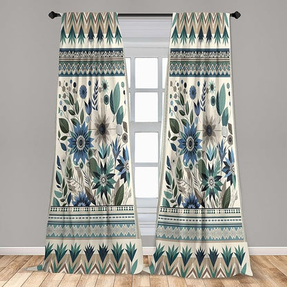 Ambesonne Art Floral Window Curtains Pack of 2, Gentle Flowers and Leaves of Spring Garden with Ethnic Boho Details, Lightweight Set with Rod Pocket, 4 Panels of - 28" x 63", Eggshell Laurel Green