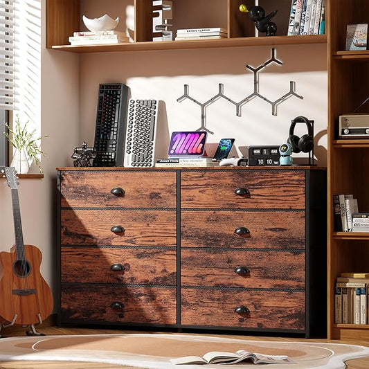 Furnulem Long Dresser for Bedroom, TV Stand for 55'' TV, Wide Storage Drawer Unit with 8 Fabric Bins, Double Dresser for Bedroom, Office, Dorm, Closet, Entryway, Wood Top (Rustic Brown)