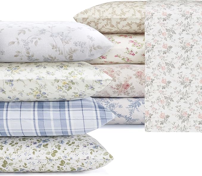Laura Ashley - Flannel Sheets Queen Size, Anti-Pilling & Wrinkle Resistant Cotton, Touchably Soft for All-Season Comfort - Bed Sheets with Matching Pillowcases & Fitted Sheet (Fawna Grey)