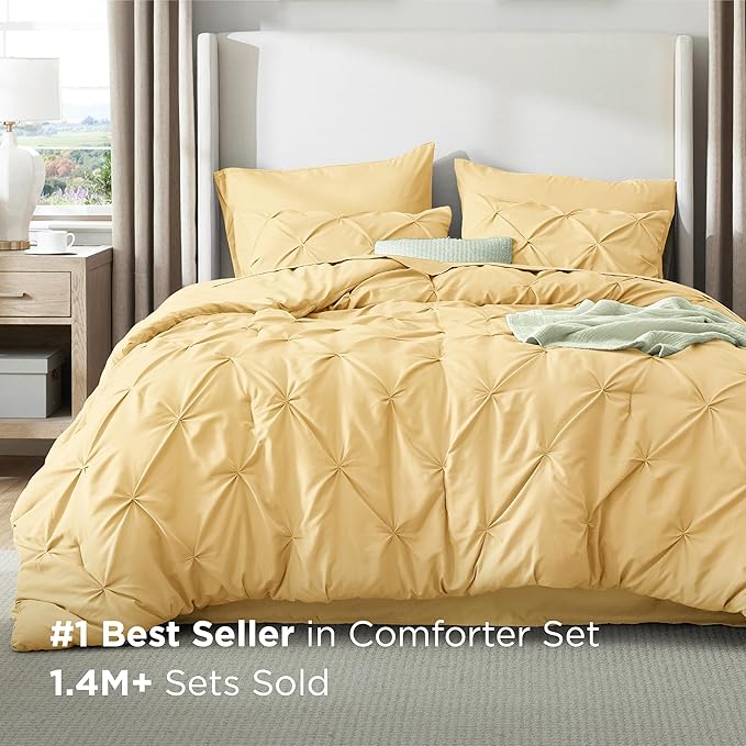 Bedsure Queen Comforter Set Yellow - Bed in a Bag Queen 7 Pieces, Pintuck Bedding Sets Gift for Christmas, Pinch Pleat Bed Set with Queen Size Comforter, Sheets, Pillowcases & Shams