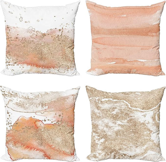 Ambesonne Marble Print Throw Pillow Cushion Case Pack of 4, Pastel Colored Ornament of Stains Blots and Brushstrokes Modern Art, Modern Accent Double-Sided Digital Printing, 20", Peach Tan and White