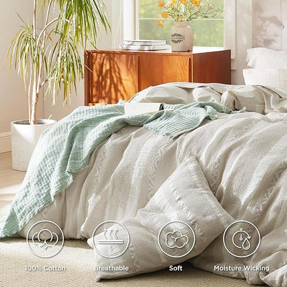 Bedsure Waffle Weave Duvet Cover Queen - 100% Cotton Boho Duvet Cover with 2 Pillowcases - Linen Color Textured Comforter Cover with Zipper Closure (Queen, 90"x90")