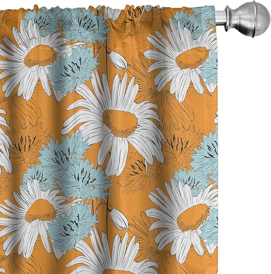 Ambesonne Orange Window Curtains, Blooming Spring Daisies on Orange Backdrop Romantic Feminine Petals, Lightweight Decorative Panels Set of 2 with Rod Pocket, Pair of - 28" x 63", Blue Orange