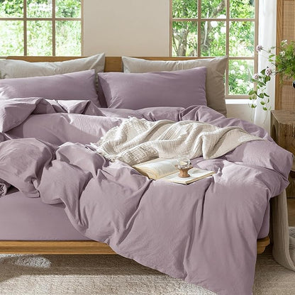 MooMee Bedding Duvet Cover Set 100% Washed Cotton Linen Like Textured Breathable Durable Soft Comfy (Solid Taro Purple, Oversized Queen 98"x98")