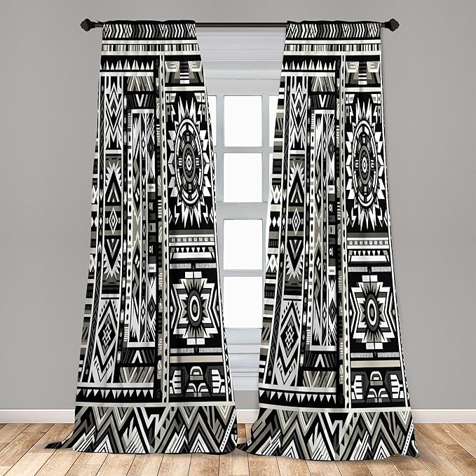Ambesonne Southwestern Window Curtains Pack of 2, Monochrome Colors Design with Zigzags Arrows and Cultural Motifs, Lightweight Set with Rod Pocket, 4 Panels of - 28" x 63", Charcoal Grey Pale Sepia