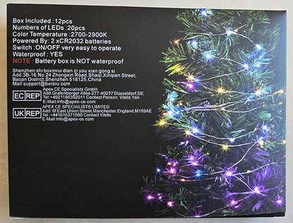 Fairy Lights CR2032 Battery Operated,6.6Ft/2Meter 20 LEDs Micro Silver Wire String Lights for Bedroom Christmas Party Wedding Decoration(Cool White, 12 Pack)