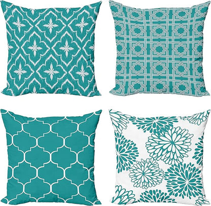 Ambesonne Vintage Throw Pillow Cushion Case Pack of 4, Monochrome Design Grid Trellis Quatrefoil Mesh and Dahlia Flowers Modern Print, Modern Accent Double-Sided Digital Printing, 20", Teal and White