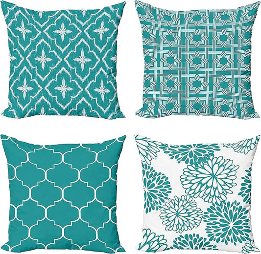 Ambesonne Vintage Throw Pillow Cushion Case Pack of 4, Monochrome Design Grid Trellis Quatrefoil Mesh and Dahlia Flowers Modern Print, Modern Accent Double-Sided Digital Printing, 24", Teal and White