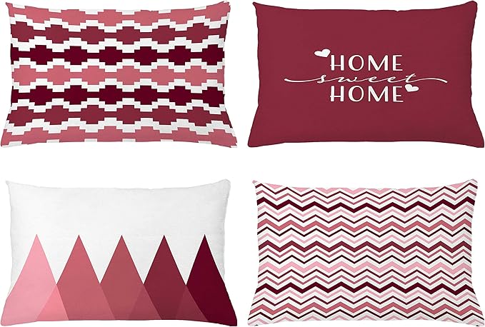 Ambesonne Modern Throw Pillow Cushion Case Pack of 4, Geometric Style Pattern of Triangles Zigzags Love Home Phrase Print, Modern Accent Double-Sided Printing, 20" x 12", Raspberry Rose and White