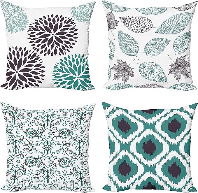 Ambesonne Vintage Throw Pillow Cushion Case Pack of 4, Bohemian Ornamental Leaves Dahlia Pattern Geometric Art Curlicue Motif, Modern Accent Double-Sided Digital Printing, 16", Teal Indigo and White