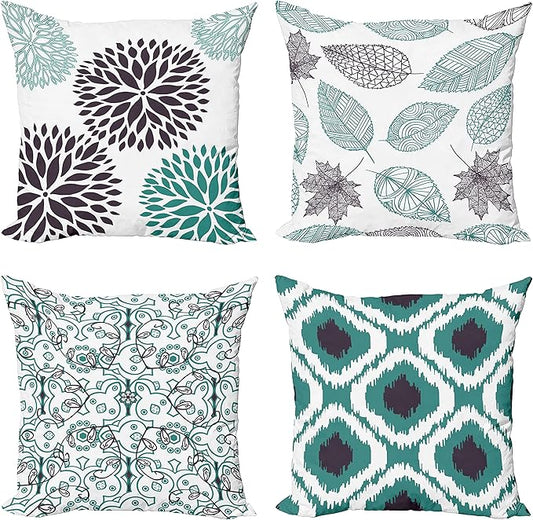 Ambesonne Vintage Throw Pillow Cushion Case Pack of 4, Bohemian Ornamental Leaves Dahlia Pattern Geometric Art Curlicue Motif, Modern Accent Double-Sided Digital Printing, 16", Teal Indigo and White
