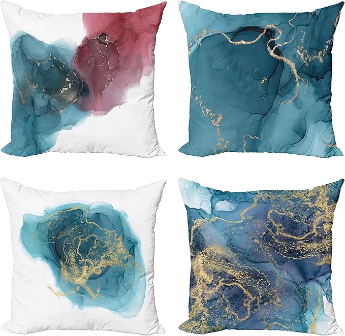 Ambesonne Marble Print Throw Pillow Cushion Case Pack of 4, Modern Style Hazy Stains and Blots Shadowy Effect Watercolor Look, Modern Accent Double-Sided Digital Printing, 16", Teal Pale Ruby Mustard