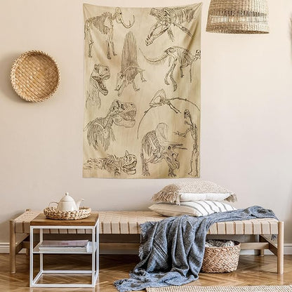 Lunarable Dinosaur Tapestry, Hand Drawn Style Skeletons Bones from Medieval Times Archeology Theme, Wall Hanging for Bedroom Living Room Dorm Decor, 40" X 60", Sand Brown Army Green
