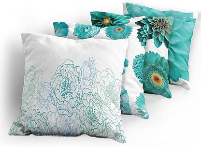 Ambesonne Floral Throw Pillow Cushion Case Pack of 4, Modern Design Flowers in Aquatic Color Palette Cold Toned Leaves Print, Modern Accent Double-Sided Digital Printing, 20", White Turquoise