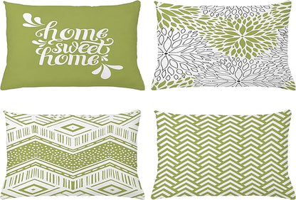 Ambesonne Geometric Throw Pillow CushiCase Pack 4, Home Phrase Minimal Zigzag Squama Dahlia Flower Petals ChevrTribal, Modern Accent Double-Sided Digital Printing, 20" x 12", Green and White