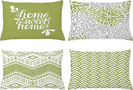 Ambesonne Geometric Throw Pillow CushiCase Pack 4, Home Phrase Minimal Zigzag Squama Dahlia Flower Petals ChevrTribal, Modern Accent Double-Sided Digital Printing, 20" x 12", Green and White