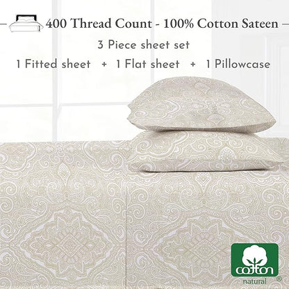California Design Den Deep Pocket Twin Sheets Set - 400 Thread Count Sateen, Natural 100% Cotton Sheets, Cooling and Durable Bedding Set - Paisley Beige
