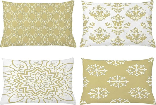 Ambesonne Retro Throw Pillow Cushion Case Pack of 4, Trellis Grid Medieval Floral Damask Mandala Flower Ornament in Modern Monochrome, Modern Accent Double-Sided Printing, 20" x 12", Pale Khaki