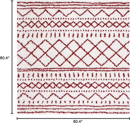 SAFAVIEH Arizona Shag Collection Area Rug - 6'7" Square, Ivory & Red, Moroccan Design, Non-Shedding & Easy Care, 1.6-inch Thick Ideal for High Traffic Areas in Living Room, Bedroom (ASG741P)