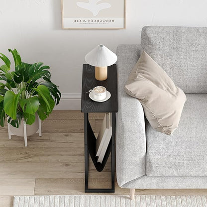 Yusong Narrow Side Table for Small Spaces, Small End Table with Magazine Holder, Skinny Slim Little Thin Table for Living Room, Bedroom, Sofa, Black Oak