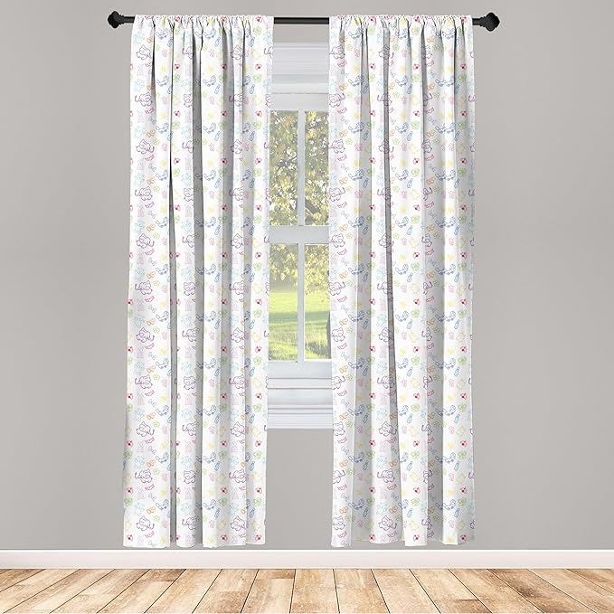 Ambesonne Cartoon Curtains, Drawing Style Elephants Teddy Bears Flowers Butterflies Bees Pattern, Window Treatments 2 Panel Set for Living Room Bedroom, Pair of - 28" x 84", Blue White