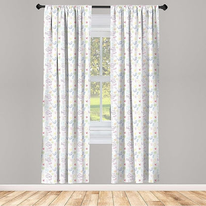 Ambesonne Cartoon Curtains, Drawing Style Elephants Teddy Bears Flowers Butterflies Bees Pattern, Window Treatments 2 Panel Set for Living Room Bedroom, Pair of - 28" x 84", Blue White