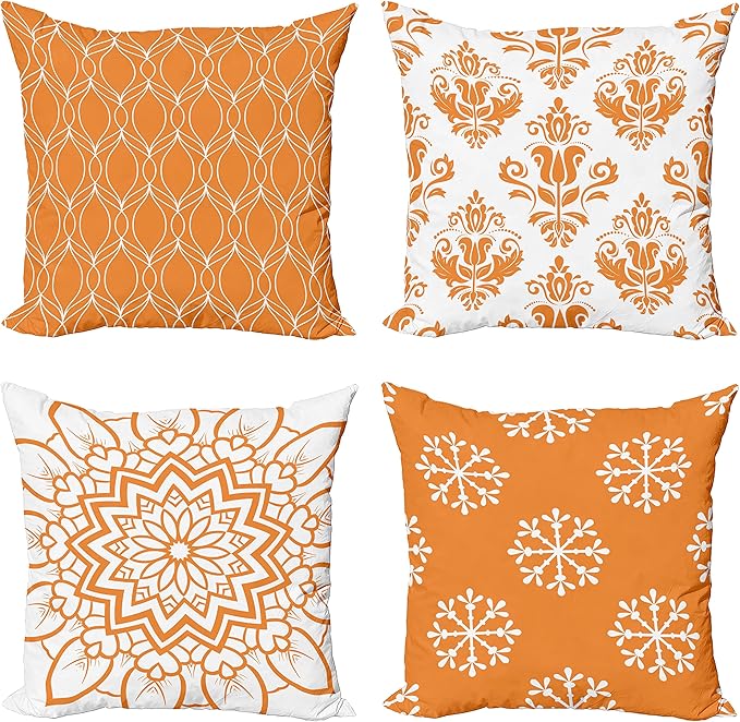 Ambesonne Retro Throw Pillow Cushion Case Pack of 4, Trellis Grid Medieval Floral Damask Mandala Flower Ornament in Modern Monochrome, Modern Accent Double-Sided Digital Printing, 24", Burnt Orange