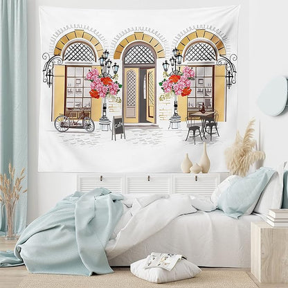 Lunarable Urban Tapestry King Size, European Coffee Shop at Paris Streets with Flowerbeds and Lanterns Romantic Print, Wall Hanging Bedspread Bed Cover Wall Decor, King Size, Beige Pink