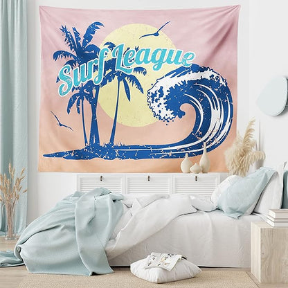 Lunarable Vintage Hawaii Tapestry, Surf League Lettering with Wave Tropical Trees and Birds Silhouettes Print, Fabric Wall Hanging Decor for Bedroom Living Room Dorm, 28" X 23", Pink Blue
