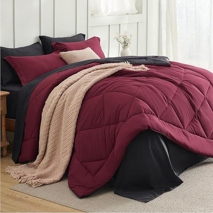 Bedsure Queen Comforter Set - 7 Pieces Reversible Burgundy and Black Bedding, Queen Size Bed Set for All Seasons, Bed in a Bag with Down Alternative Comforter, Sheets, Pillowcases & Shams