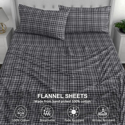 RUVANTI Flannel Sheets Twin XL Size - 100% Cotton Double Brushed Twin XL Sheet Sets, Deep Pockets 16 Inches, All Seasons Breathable & Extra Soft Bed Sheets, Warm & Cozy, 3 Piece, Grey Plaid