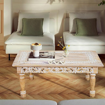 Rectangular Wooden Coffee Table 36x24x18 Inch – Beige Finish with Cutwork Jali Carving, Rustic Farmhouse Style, Mid-Century Modern Living Room Furniture