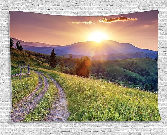 Ambesonne Landscape Tapestry, Sunset in The Mountain Landscape Rural Road Forest Countryside Wonderland Print, Wide Wall Hanging for Bedroom Living Room Dorm, 60" X 40", Green Lilac