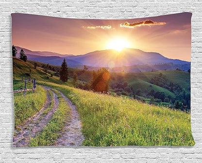 Ambesonne Landscape Tapestry, Sunset in The Mountain Landscape Rural Road Forest Countryside Wonderland Print, Wide Wall Hanging for Bedroom Living Room Dorm, 80" X 60", Green Lilac