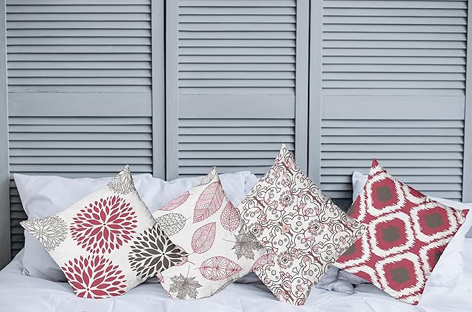 Ambesonne Vintage Throw Pillow Cushion Case Pack of 4, Bohemian Ornamental Leaves Dahlia Pattern Geometric Art Curlicue Motif, Modern Accent Double-Sided Digital Printing, 16", Raspberry Taupe White