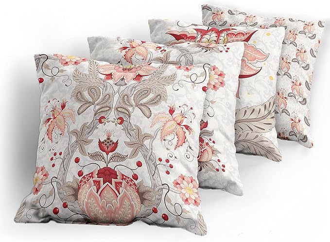 Ambesonne Vintage Throw Pillow Cushion Case Pack of 4, Ethnic Folkloric Flower Motifs in Neutral Tones Nostalgic Floral, Modern Accent Double-Sided Digital Printing, 20", Salmon Vermilion