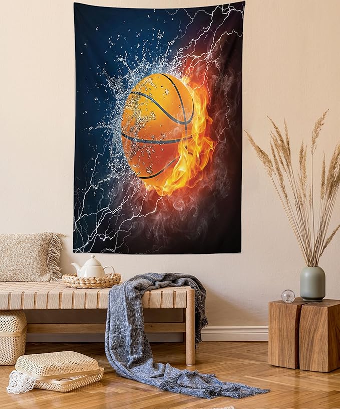 Ambesonne Sports Tapestry, Basketball Ball and Water Splashing Thunder Lightning Themed Design, Wall Hanging for Bedroom Living Room Dorm Decor, 40" X 60", Dark Blue and Burgundy