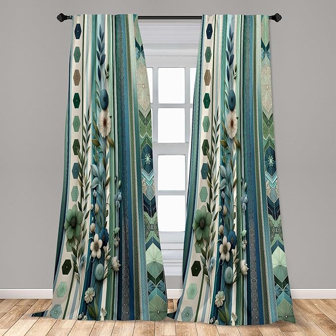 Ambesonne Bohemian Window Curtains Pack of 2, Hexagons Floral Botany Art in Cold Colors Ocean and Nature Tones, Lightweight Set with Rod Pocket, 4 Panels of - 28" x 95", Teal Green and Sea Blue