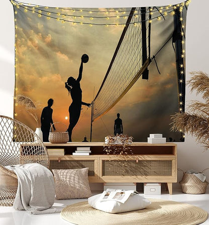 Lunarable Volleyball Tapestry, Beach Sports at Sunset Open Sky Net and Ball Activity Excitement Fun and Games, Fabric Wall Hanging Decor for Bedroom Living Room Dorm, 28" X 23", Black