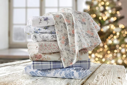 Laura Ashley - Flannel Sheets Queen Size, Anti-Pilling & Wrinkle Resistant Cotton, Touchably Soft for All-Season Comfort - Bed Sheets with Matching Pillowcases & Fitted Sheet (Vanessa Blue)
