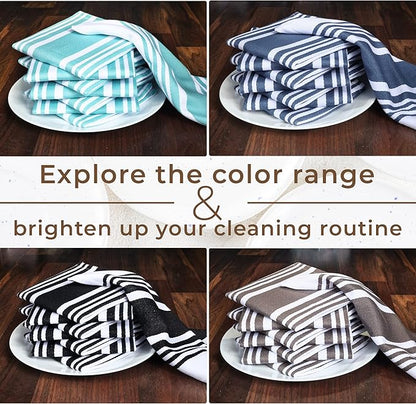 Urban Villa Dish Cloth 100% Cotton Pack of 8, Highly Absorbent Quick Drying Soft Premium Dish Towels for Kitchen with Hanging Loop Hand & Tea Towels - 12x12 Inch, (Indigo Blue & White, Striped)