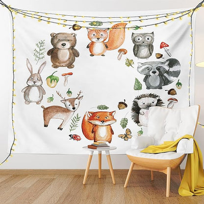 Lunarable Woodland Tapestry, Animals of The Forest Mushrooms Acorns Circular Frame Cartoon Pastel Colors, Wall Hanging for Bedroom Living Room Dorm Decor, 40" X 60", Multicolor