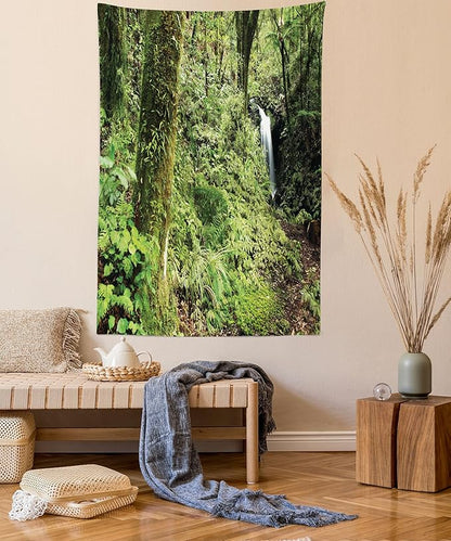 Lunarable Woodland Tapestry Twin Size, Waterfall in Deep Forest Scenery in The Woods Green of Earth Covering Plants, Wall Hanging Bedspread Bed Cover Wall Decor, Twin Size, Forest Green