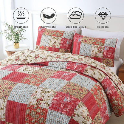 Secgo King Size Comforter Set- 100% Cotton Quilt King Size Set, Green, Sage bedspreads (96 * 108 Inch) with 2 Pillow Shams, Patchwork Reversible Lightweight Bedding