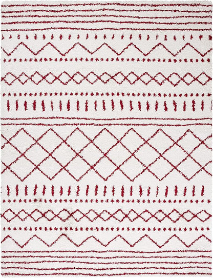 SAFAVIEH Area Rug 8x10 - Arizona Shag Collection - Large - Ivory & Red, Moroccan Design, Non-Shedding & Easy Cleaning, Ultra Plush Thick Pile, Ideal for Living Room, Bedroom, Dining Space (ASG741P)