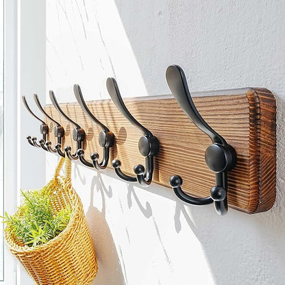 Dseap Coat Rack Wall Mounted - 24" Long 6 Tri Hooks, Heavy Duty Wooden Wall Coat Hanger Coat Hook for Clothes Hat Jacket Clothing, Natural and Black